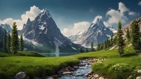 Beautiful panorama of the mountains and a mountain river in the summer