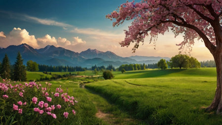 Beautiful spring landscape with blooming tree and mountains in the backgroundの写真素材