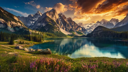 Fantastic panoramic view of the picturesque lake. Location place Dolomites, Italy, Europe. Artistic style post processed photo.の写真素材