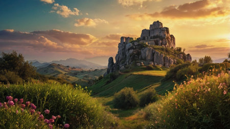 Panoramic view of the Torcal de Antequera at sunset, Spain