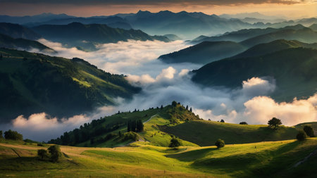 Foggy morning in the mountains. Beautiful summer landscape. Carpathians, Ukraine, Europe.