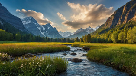 Panoramic view of the mountain river in the valley. Beautiful summer landscape.の写真素材