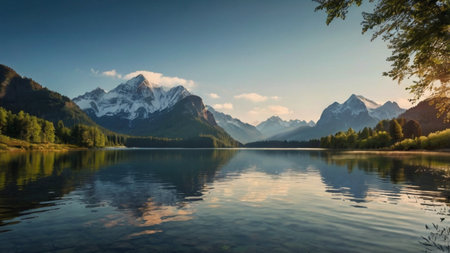 Panoramic view of alpine lake and mountains reflected in water