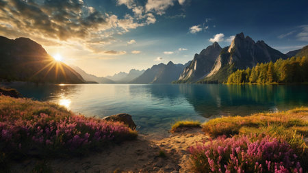 Mountain lake at sunset. Colorful summer landscape with flowers.の写真素材