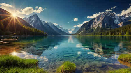 Panoramic view of alpine lake with reflection of mountains in waterの写真素材