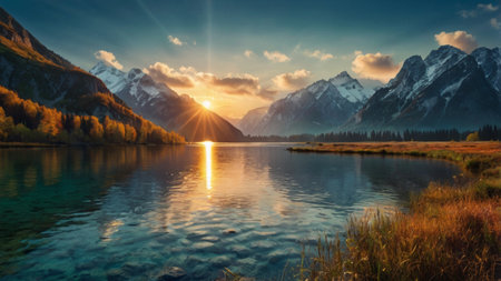 Mountain lake at sunset. Picturesque summer scene. Beauty world.の写真素材