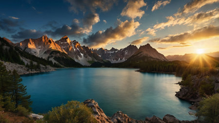 Sunset at the lake in the mountains of the Canadian Rockies.の写真素材