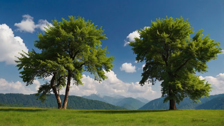 Summer landscape with trees on green meadow and blue sky with cloudsの写真素材