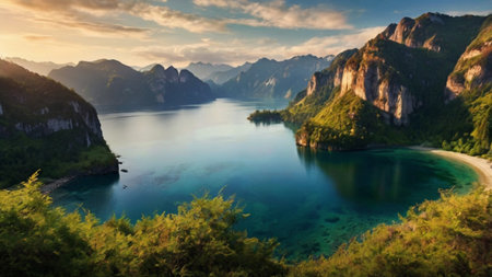 Panoramic view of emerald green sea and mountain at sunriseの写真素材