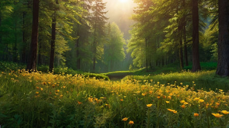 Beautiful spring landscape with sunbeams shining through the trees in the forestの写真素材