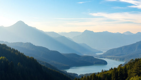 Panoramic view of the lake in the mountains at sunset.の写真素材