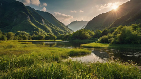 Sunset on the lake in the Caucasus mountains. Summer landscape.の写真素材