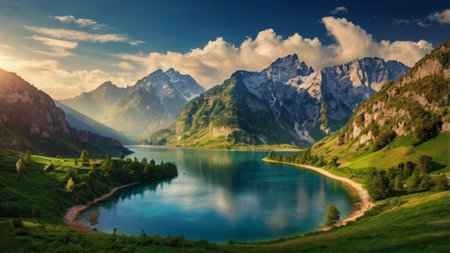 Panoramic view of alpine lake in the mountains. Beauty world.の写真素材