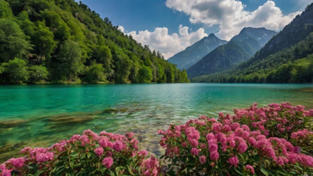 Panoramic view of the mountain lake with pink rhododendron flowers.の写真素材