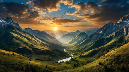Mountain landscape with river at sunset. Panoramic view.の写真素材