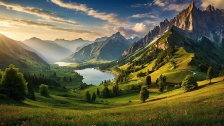 Panoramic view of alpine lake in the Alpsの写真素材