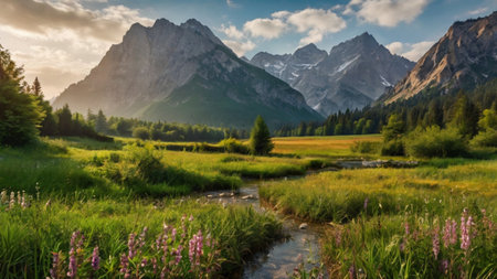 Panoramic view of alpine meadow with wildflowers and mountains in background