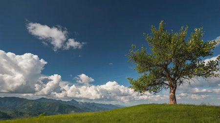 Lonely tree on a meadow with mountains in the backgroundの写真素材