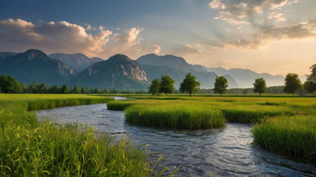 Beautiful landscape of rice field and mountainの写真素材