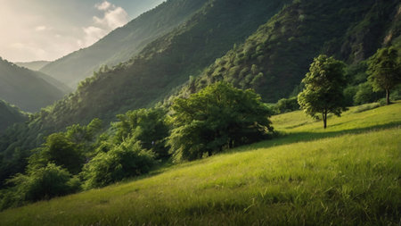 Green meadow in the mountains. Summer landscape with green grass and trees.