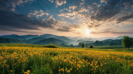 Sunset over the meadow with sunflowers and mountains in the background