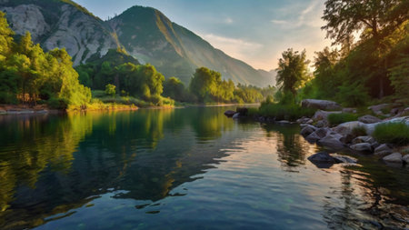 Mountain lake with clear water in the evening. Beautiful nature landscape.