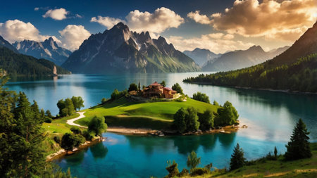 Beautiful panoramic view of the famous lake in Dolomites, Italyの写真素材