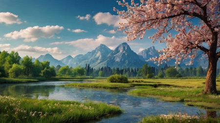 Spring landscape with sakura tree on the background of mountains and riverの写真素材