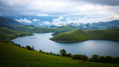 Landscape of green hills and lake under cloudy sky, Georgia.の写真素材