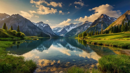 Beautiful alpine lake with reflection of mountains in the water.
