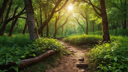 Path in the green forest with sunbeams and lens flare.
