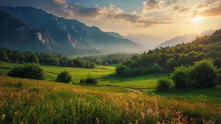 Beautiful summer landscape with green meadow and mountains in the backgroundの写真素材