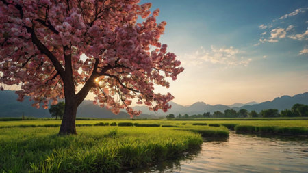 Cherry blossoms and rice field in the morning