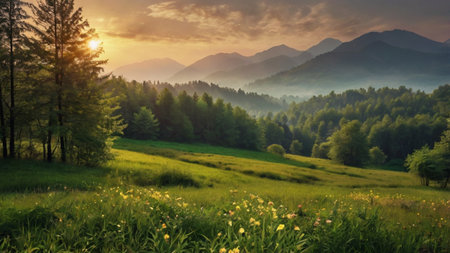Beautiful landscape in the mountains at sunset. Carpathian, Ukraineの写真素材