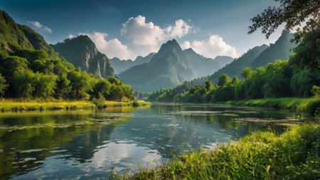 Landscape with a river and mountains in the background. The beauty of nature.の写真素材