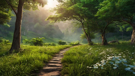 Beautiful landscape of green forest with sunlight in the morning. Nature background.