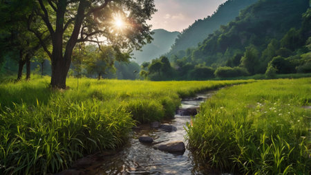 Beautiful summer landscape with a small river in the mountains at sunsetの写真素材