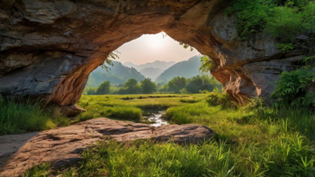 Landscape view of natural stone arch and green meadow in Thailandの写真素材