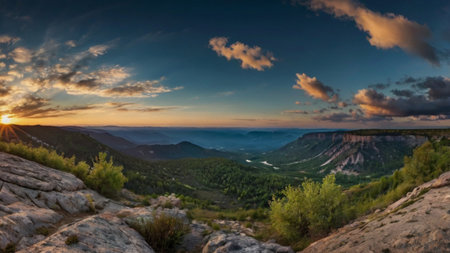 Panoramic view of the mountains at sunset. Crimea, Ukraine