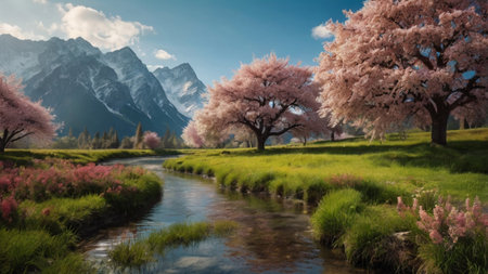 Beautiful spring landscape with river and cherry blossom trees in the foregroundの写真素材