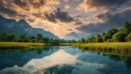 Beautiful landscape with mountain lake and clouds reflected in the water.の写真素材