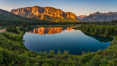 Reflection of mountains in a mountain lake. Panoramic view.の写真素材