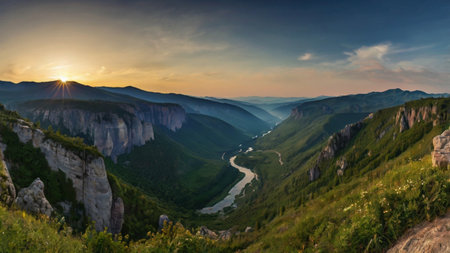 Panoramic view of the valley and the river at sunset.の写真素材