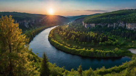 Panoramic view of the river and forest at sunset in summerの写真素材