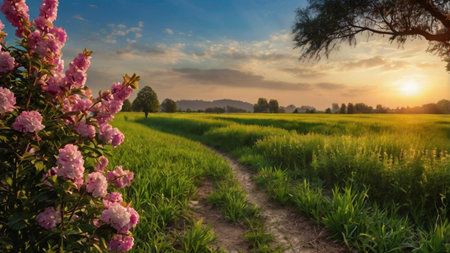 Rural road through the field with pink flowers at sunset in summerの写真素材