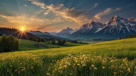 Sunset over the alpine meadow in Dolomites, Italyの写真素材