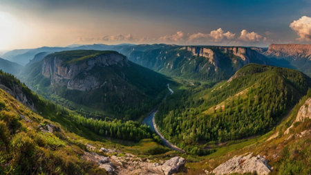 Panoramic view of the valley in the mountains. Beautiful summer landscape.の写真素材