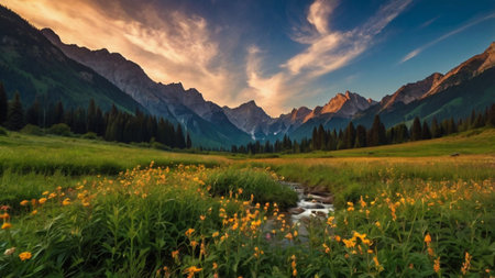 Panoramic view of meadow with wildflowers at sunset.の写真素材