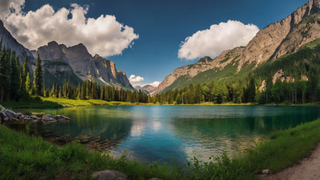 Panoramic view of beautiful lake in Dolomites, Italyの写真素材