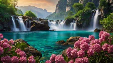 Panoramic view of beautiful waterfall and azalea flowers.の写真素材